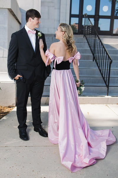 Cute Sheath Strapless Black Long Prom Dress with Pink Bows