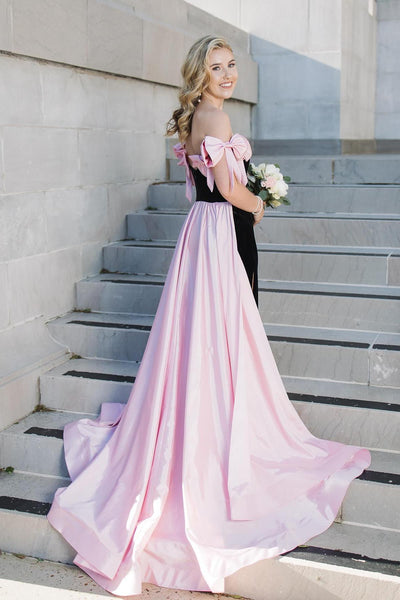 Cute Sheath Strapless Black Long Prom Dress with Pink Bows