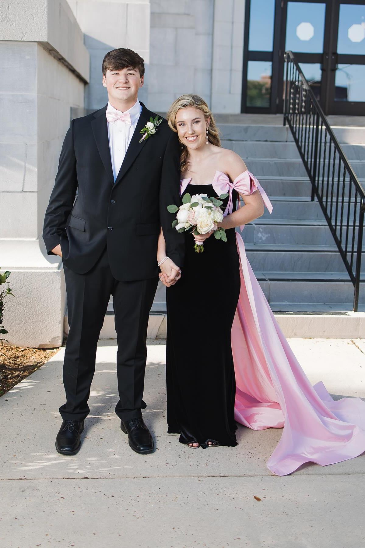 Cute Sheath Strapless Black Long Prom Dress with Pink Bows