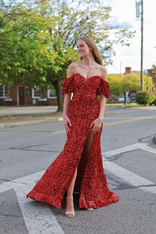 Cute Mermaid Off the Shoulder Red Sequins Long Prom Dresses with Slit AB100807