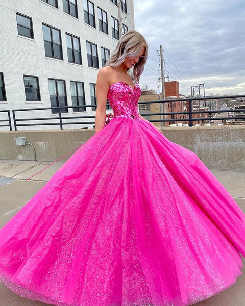 Cute Sparkly Sweetheart Hot Pink Prom Dresses with Beaded AB22101