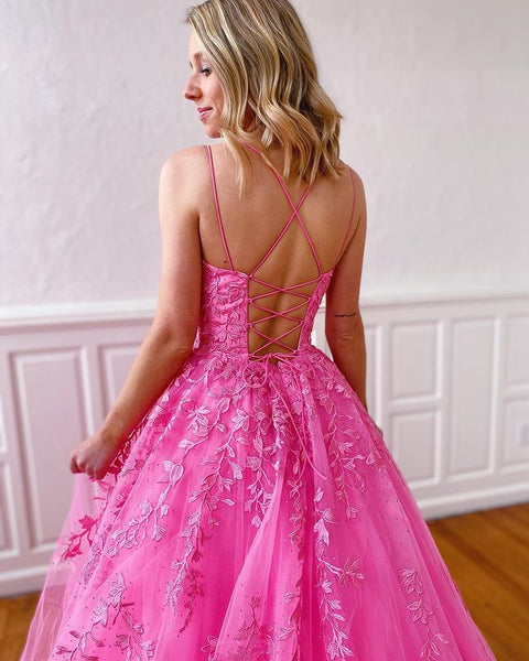 Sweet Ball Gown Scoop Neck Hot Pink Tulle Prom Dresses with Appliques AB092103