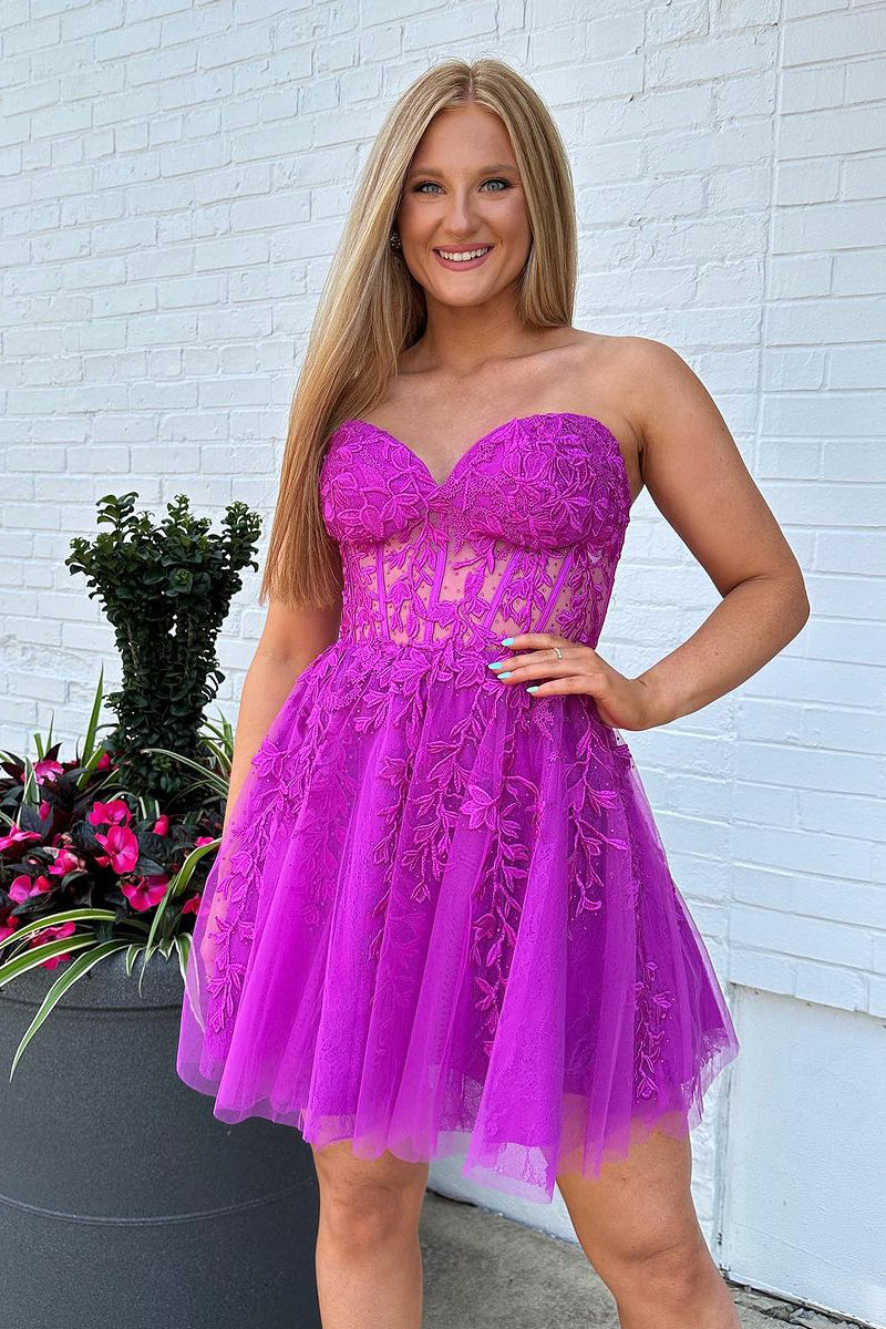 Cute A Line Sweetheart Fuchsia Tulle Short Homecoming Dresses with Appliques AB071702