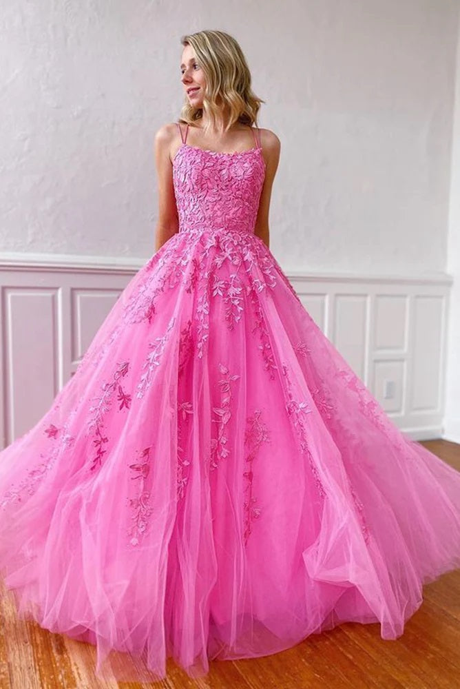 Sweet Ball Gown Scoop Neck Hot Pink Tulle Prom Dresses with Appliques AB092103