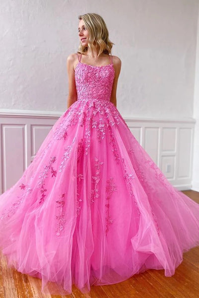 Sweet Ball Gown Scoop Neck Hot Pink Tulle Prom Dresses with Appliques AB092103