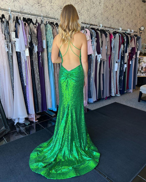 Sparkly Mermaid V Neck Green Sequins Long Prom Dresses AB111102