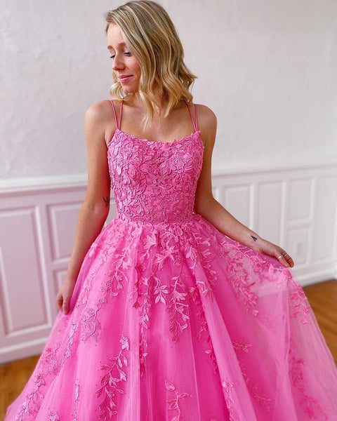 Sweet Ball Gown Scoop Neck Hot Pink Tulle Prom Dresses with Appliques AB092103