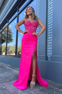 Charming Mermaid Sweetheart Hot Pink Satin Prom Dresses with Slit AB110803