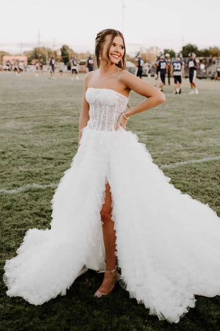 Sweet Ball Gown Strapless White Tulle Prom Dresses with Slit AB082804