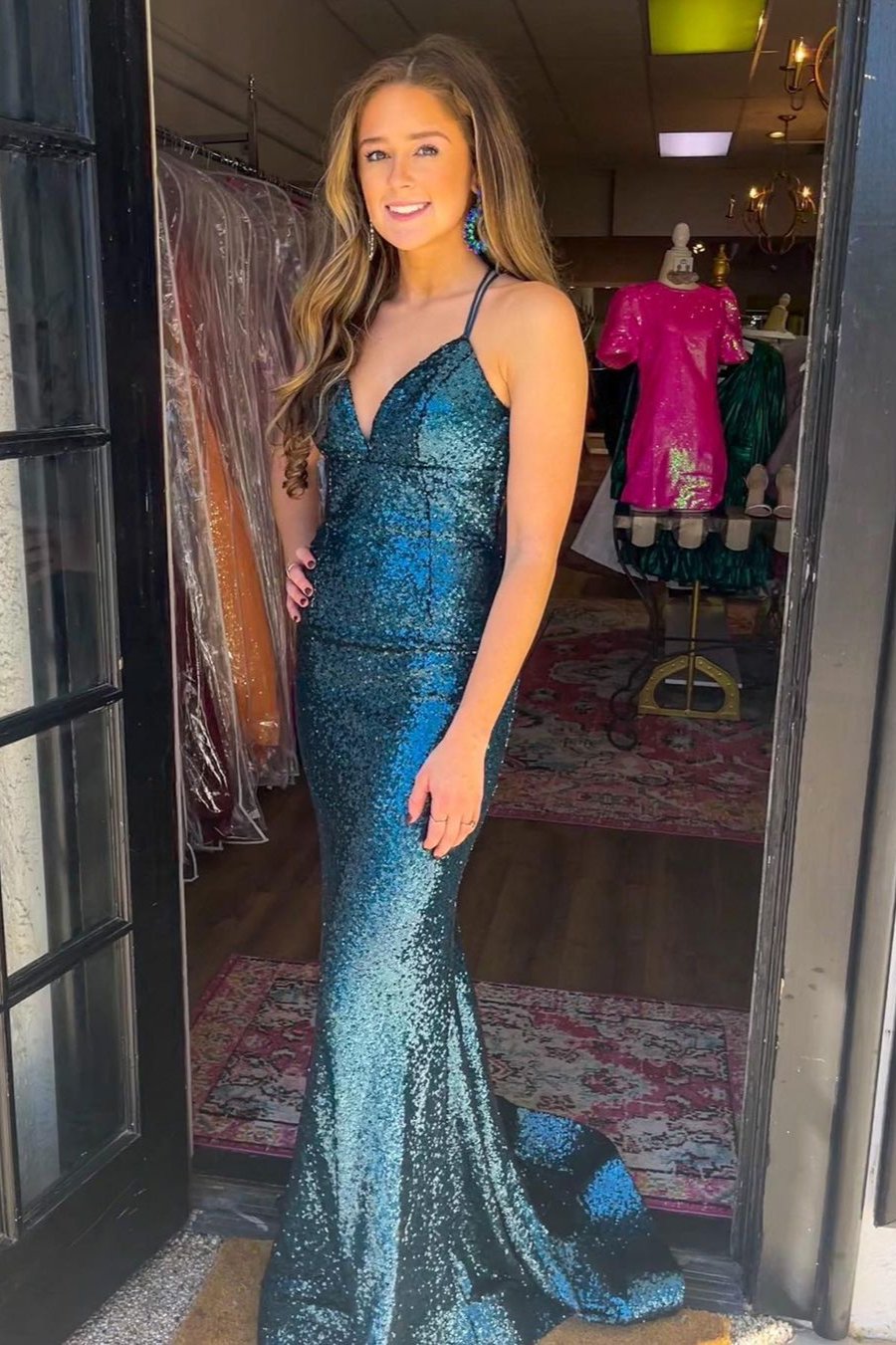 Charming Mermaid V Neck Dark Teal Sequins Prom Dresses, Evening Dresses AB110403