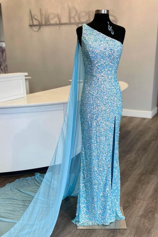 Sparkly Mermaid One Shoulder Blue Sequins Prom Dresses with Slit AB110904