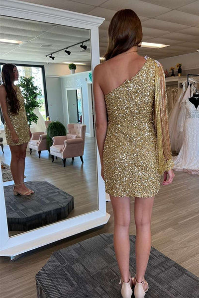 Sparkly One Shoulder Gold Sequins Short Homecoming Dresses with Beading AB090803