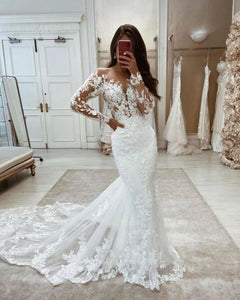 Charming Mermaid Bateau Neck Long Sleeves Wedding Dresses with Appliques AB100606