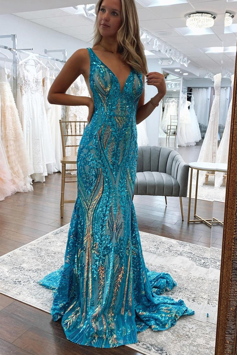 Sparkly Mermaid Deep V Neck Blue & Gold Sequins Lace Long Prom Dresses ...