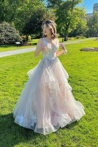 Cute A Line V Neck Light Pink Tulle Prom Dresses with Appliques AB110409