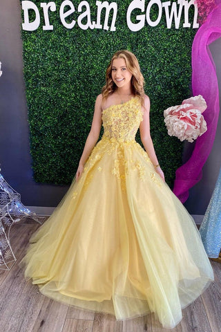 Cute A Line One Shoulder Daffodil Tulle Prom Dresses with Appliques AB090606