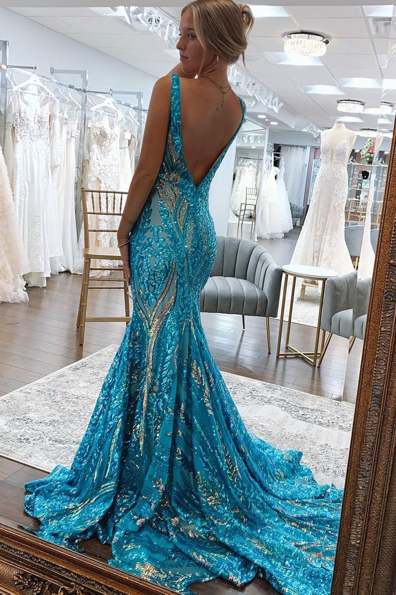 Sparkly Mermaid Deep V Neck Blue & Gold Sequins Lace Long Prom Dresses ...
