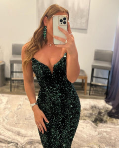 Fashion Strapless V Neck Mermaid Dark Green Sequins Long Prom Dresses  AB081523