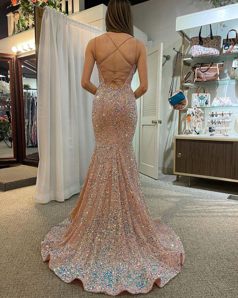Cute Mermaid V Neck Blush Velvet Sequins Long Prom Dresses with Lace-up Back AB12802
