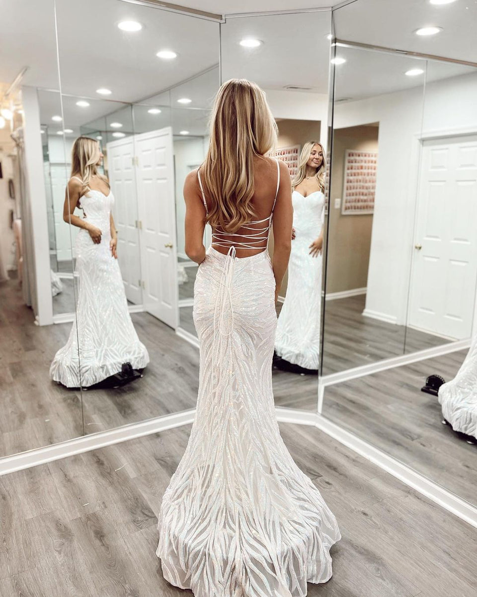 Charming Mermaid White Sequins Lace Prom Dresses AB10605 – Anniebride