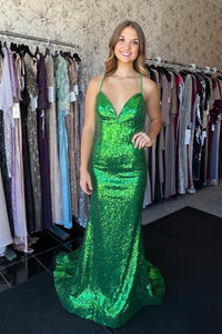 Sparkly Mermaid V Neck Green Sequins Long Prom Dresses AB111102