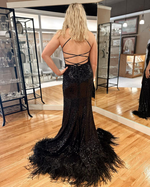 Cute Mermaid Straps Black Sequins Long Prom Dresses with Slit AB12704