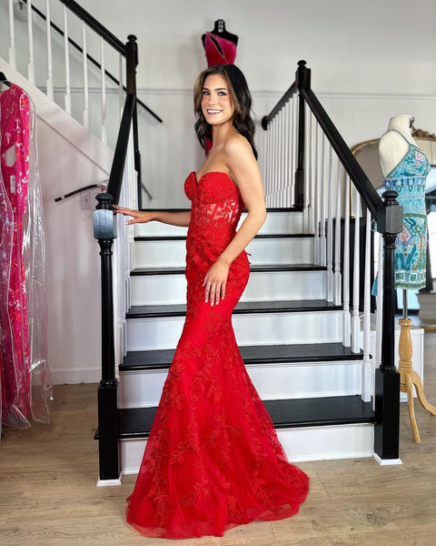 Cute Mermaid Sweetheart Red Lace Prom Dresses AB12701