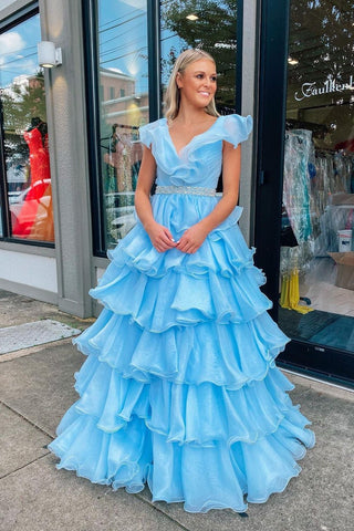 Charming Ball Gown V Neck Light Blue Organza Long Prom Dresses with Beading AB092004