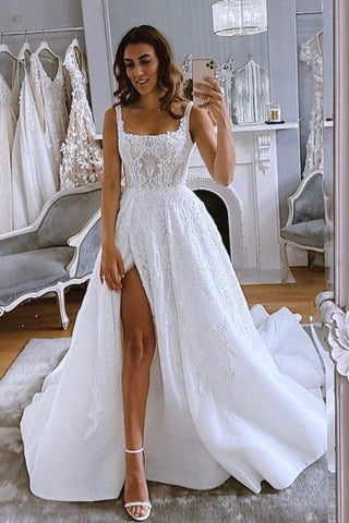 Elegant A Line Square Neck Lace Appliques Wedding Dresses with Slit ABWD061801
